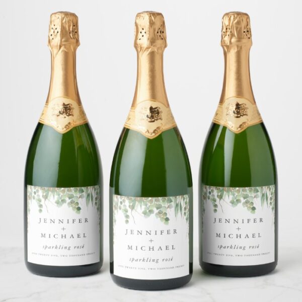 Eucalyptus Green Watercolor & Gold Wedding Champagne Label