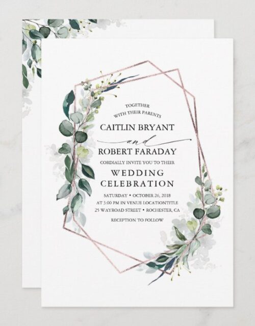 Eucalyptus Greenery Geometric Rose Gold Wedding Invitation