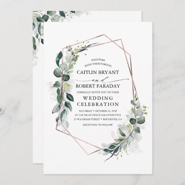 Eucalyptus Greenery Geometric Rose Gold Wedding Invitation