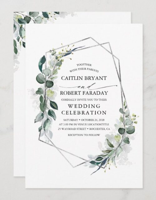 Eucalyptus Greenery Geometric Silver Frame Wedding Invitation