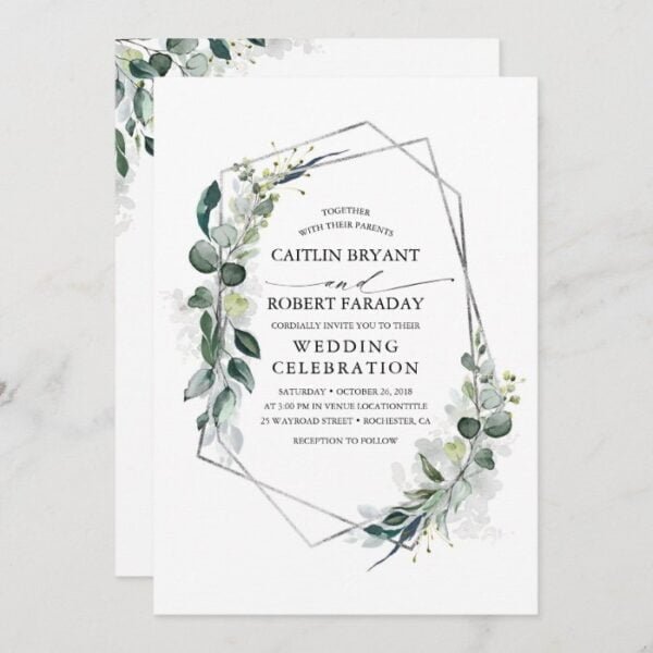 Eucalyptus Greenery Geometric Silver Frame Wedding Invitation