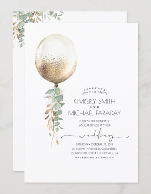 Eucalyptus Greenery Gold Balloon Elegant Wedding Invitation