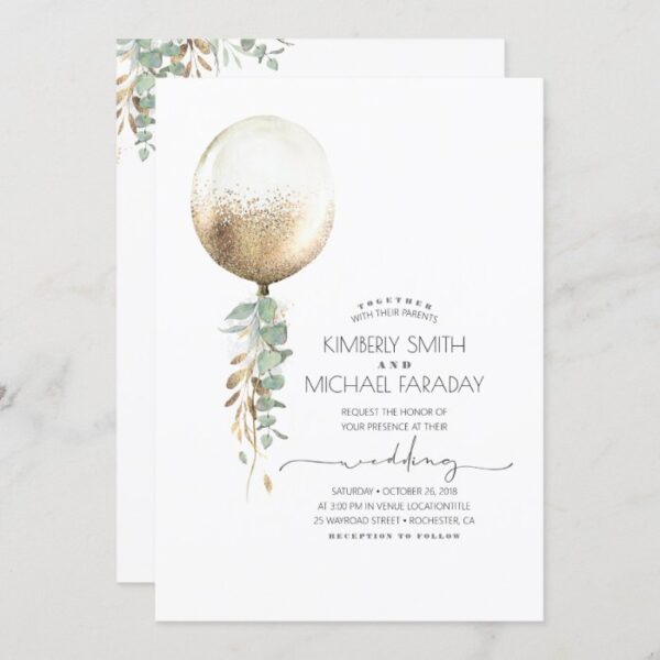Eucalyptus Greenery Gold Balloon Elegant Wedding Invitation