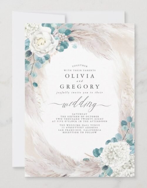 Eucalyptus Greenery Pampas Grass Exotic Wedding Invitation