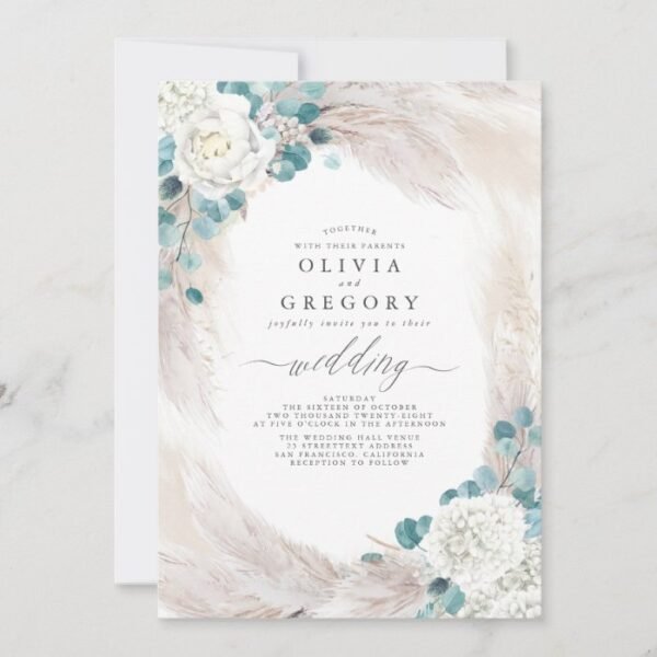 Eucalyptus Greenery Pampas Grass Exotic Wedding Invitation