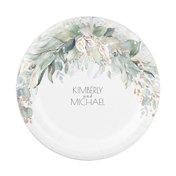 Eucalyptus Greenery Watercolor Summer Wedding Paper Plate