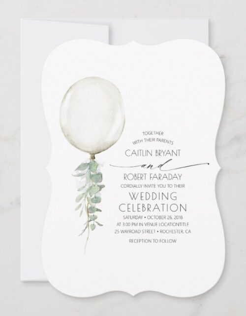 Eucalyptus Greenery White Balloon Minimal Wedding Invitation