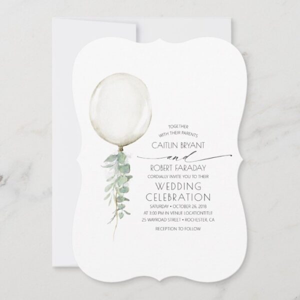 Eucalyptus Greenery White Balloon Minimal Wedding Invitation