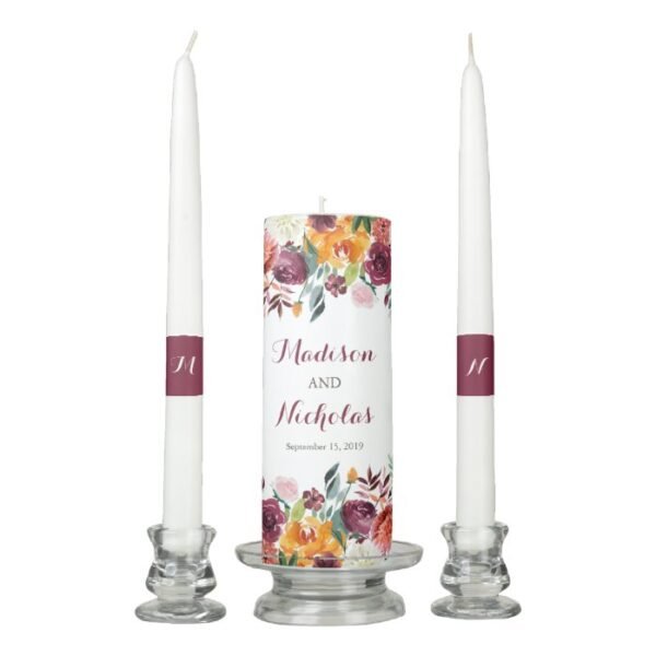 Fall Flower Wedding Unity Candle Set, Orange Pink