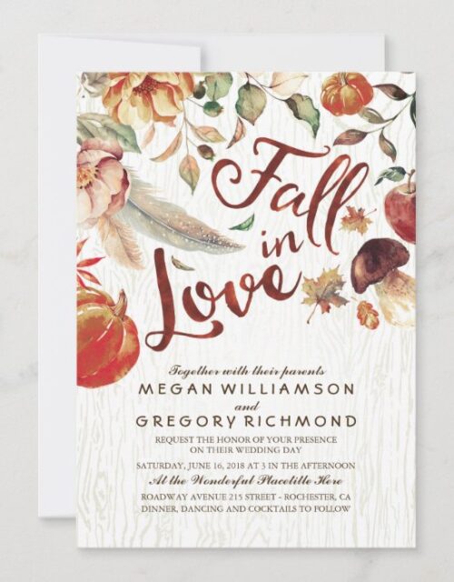 Fall in Love Boho Rustic Floral Pumpink Wedding Invitation
