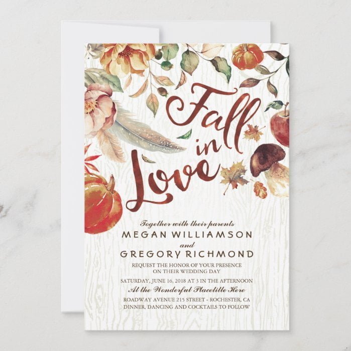 Fall in Love Boho Rustic Floral Pumpink Wedding Invitation