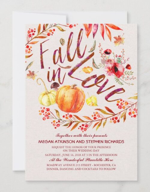 Fall in Love Floral Pumpkin Rustic Country Wedding Invitation