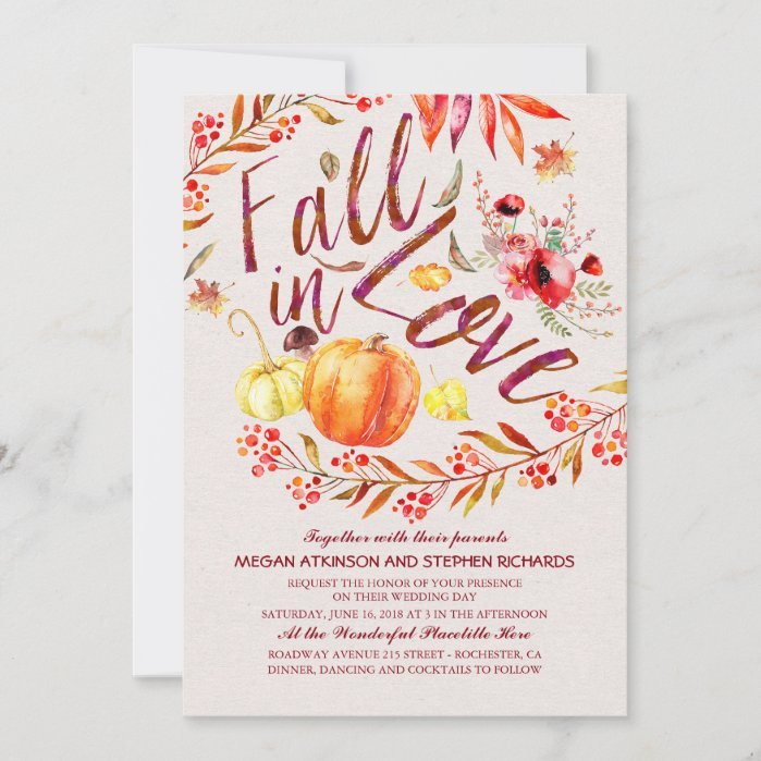 Fall in Love Floral Pumpkin Rustic Country Wedding Invitation