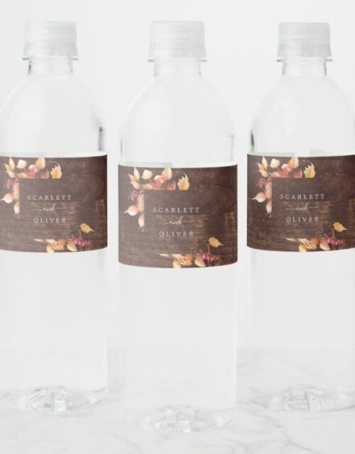 Fall Leaves | Rustic Brown Wood Wedding Water Bottle Label