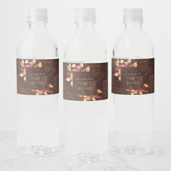 Fall Leaves | Rustic Brown Wood Wedding Water Bottle Label