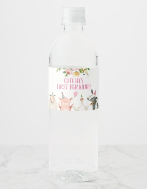 Farm Birthday Pink Barnyard Animals Girl Decor Water Bottle Label