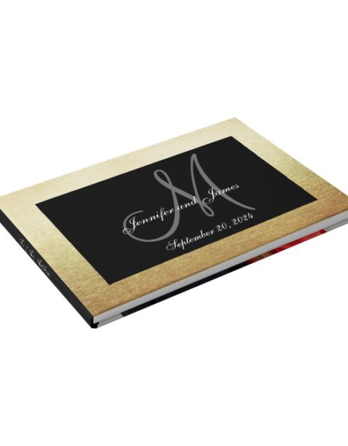 Faux Gold Black Elegant Monogram Photo Wedding Guest Book
