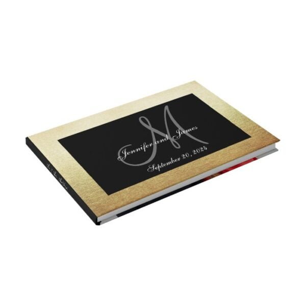 Faux Gold Black Elegant Monogram Photo Wedding Guest Book
