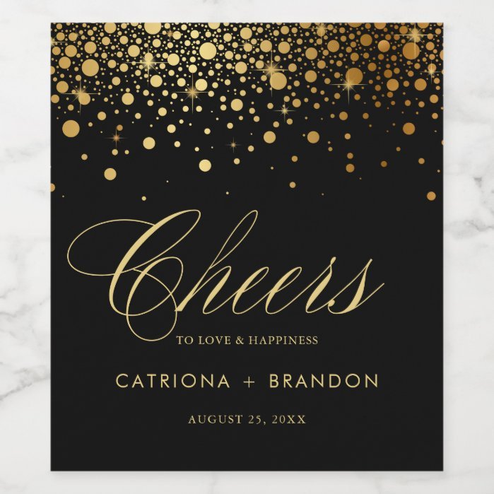 Faux Gold Foil & Black Confetti Dots Wedding Wine Label
