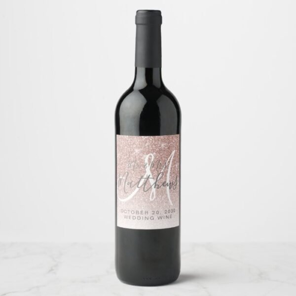 Faux Rose Gold Glitter Blush Pink Monogram Wedding Wine Label