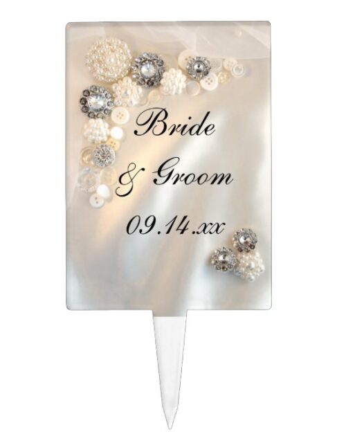 Faux White Pearl and Diamond Buttons Wedding Cake Topper