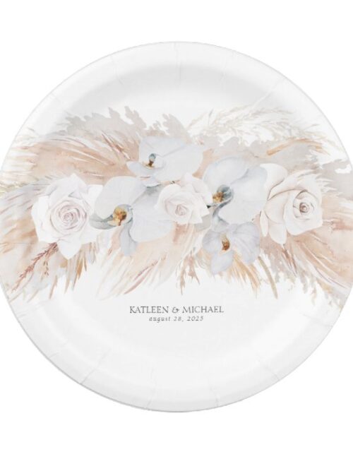 Feathery Pampas Grass and White Orchids Wedding Paper Plate