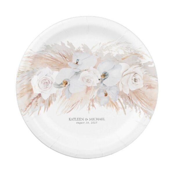 Feathery Pampas Grass and White Orchids Wedding Paper Plate