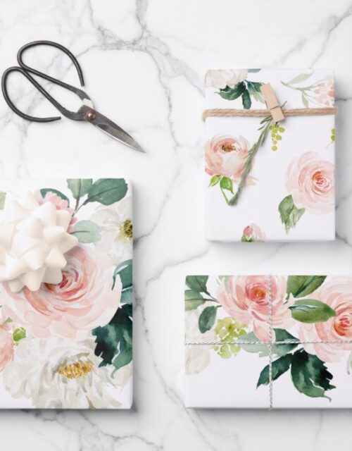 Feminine Blush Pink and White Watercolor Floral Wrapping Paper Sheets