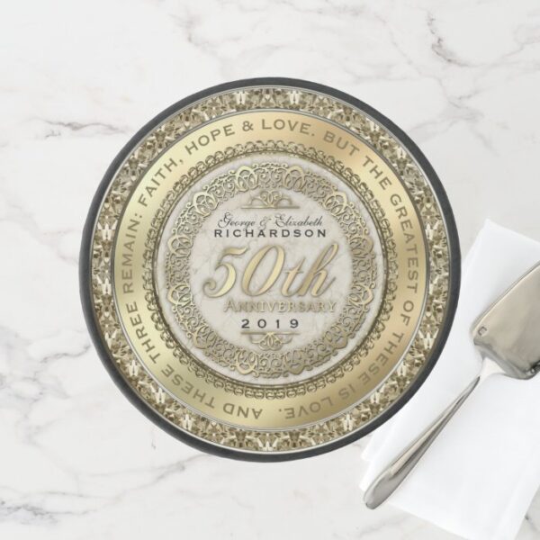 Fiftieth Wedding Anniversary Gold Quote Marble Cake Stand