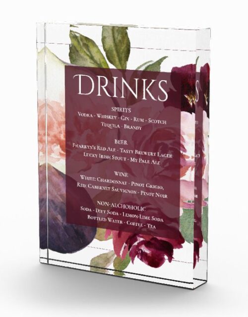 Fig Blossoms | Vintage Floral Drink Menu Sign Acrylic Award
