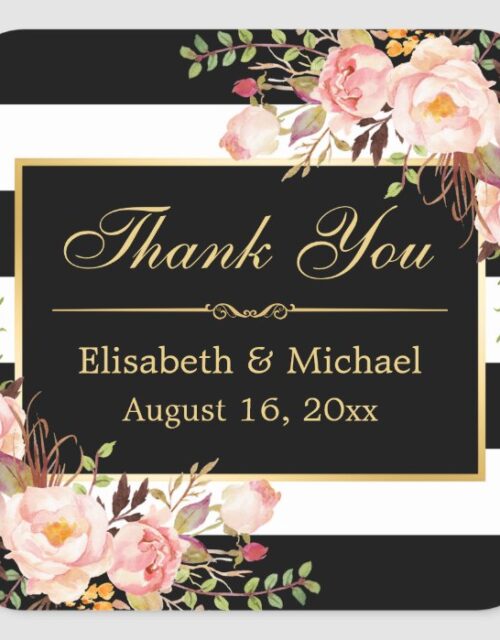 Floral Black White Striped Gold Frame Thank You Square Sticker