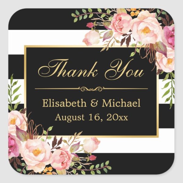 Floral Black White Striped Gold Frame Thank You Square Sticker
