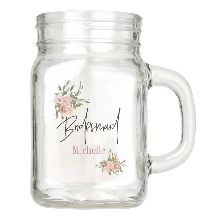 Floral Blush and Rose Gold thanks Bridesmaid favor Mason Jar