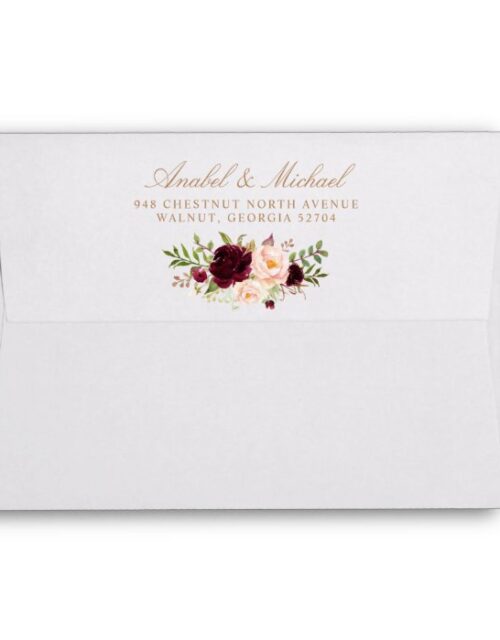 Floral Burgundy Blush Elegant Gold Return Address Envelope