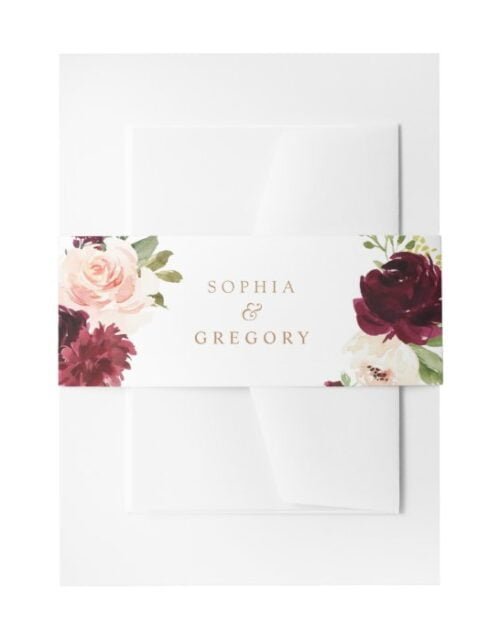 Floral Burgundy Blush Merlot Elegant Invitation Belly Band