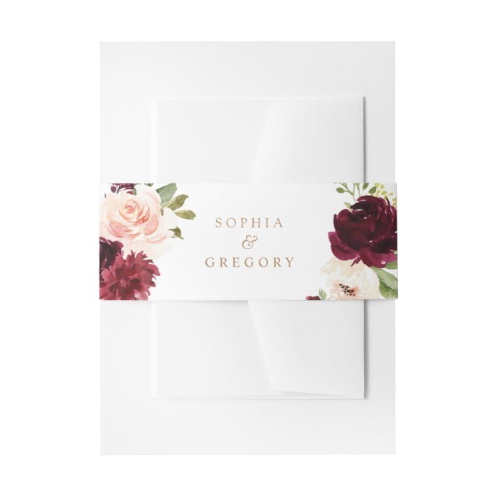 Floral Burgundy Blush Merlot Elegant Invitation Belly Band