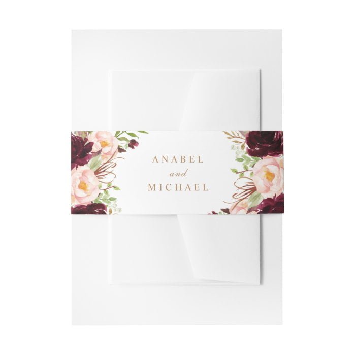 Floral Burgundy Blush Merlot Elegant Invitation Belly Band