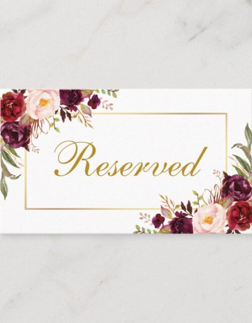 Floral Burgundy Gold Wedding Reserved Place Card