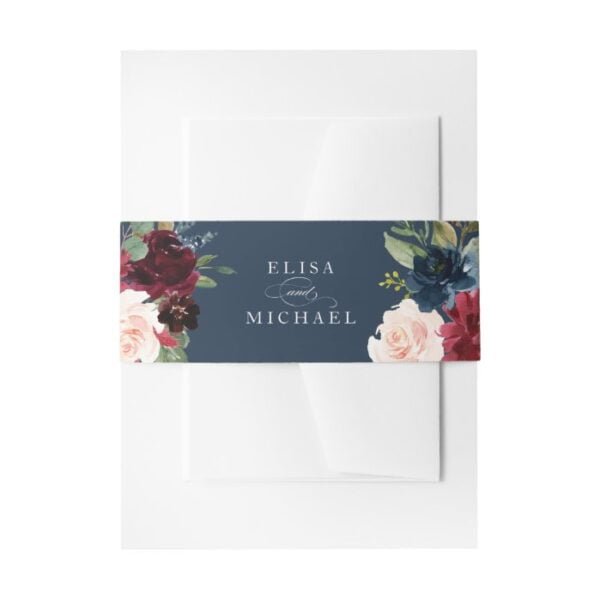 Floral Burgundy Navy Blush Elegant Invitation Belly Band