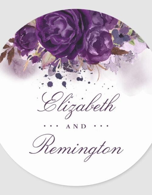 Floral Eggplant Purple Watercolor Wedding Classic Round Sticker
