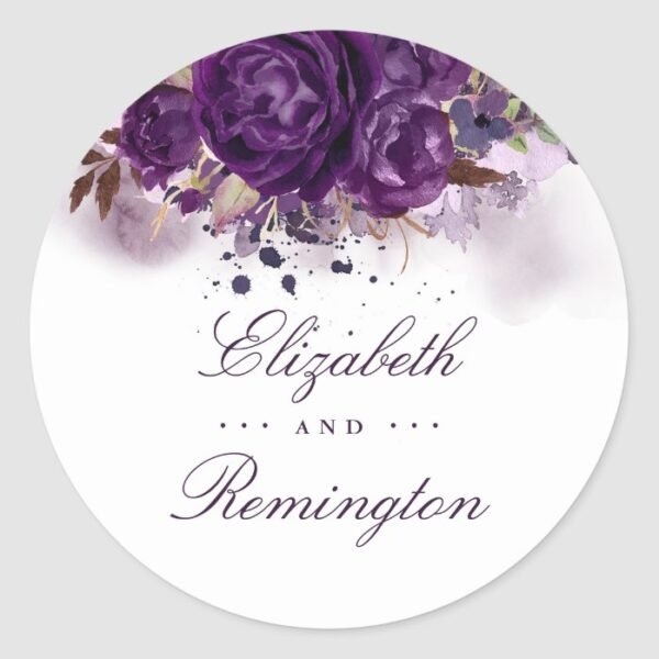 Floral Eggplant Purple Watercolor Wedding Classic Round Sticker