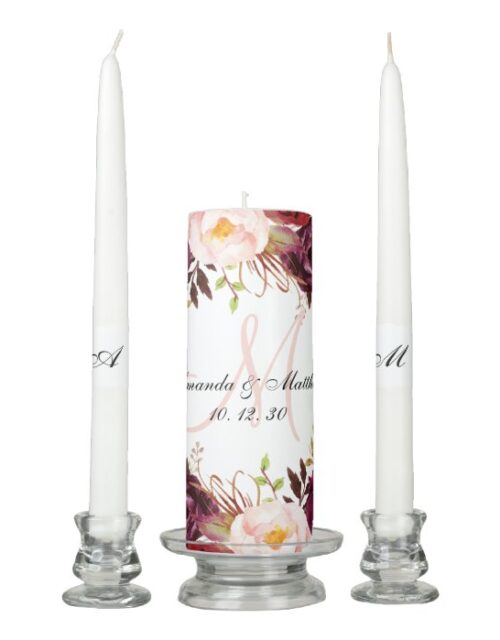 Floral Elegant Monogram Bride Groom Names Wedding Unity Candle Set