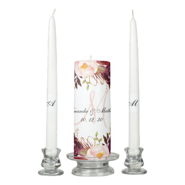 Floral Elegant Monogram Bride Groom Names Wedding Unity Candle Set
