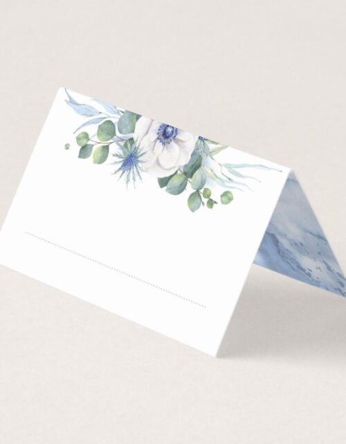 Floral Greenery Elegant Dusty Blue Wedding Place Card