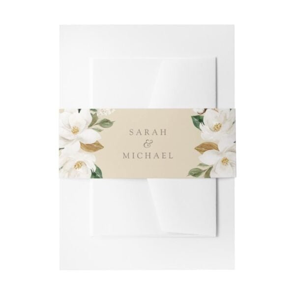 Floral Magnolia Neutral Beige Wedding Elegant Invitation Belly Band