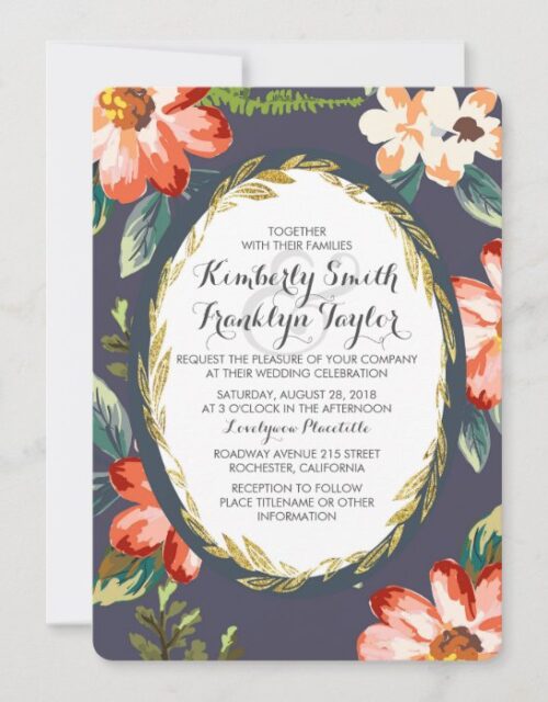 floral navy and gold vintage wedding invitation