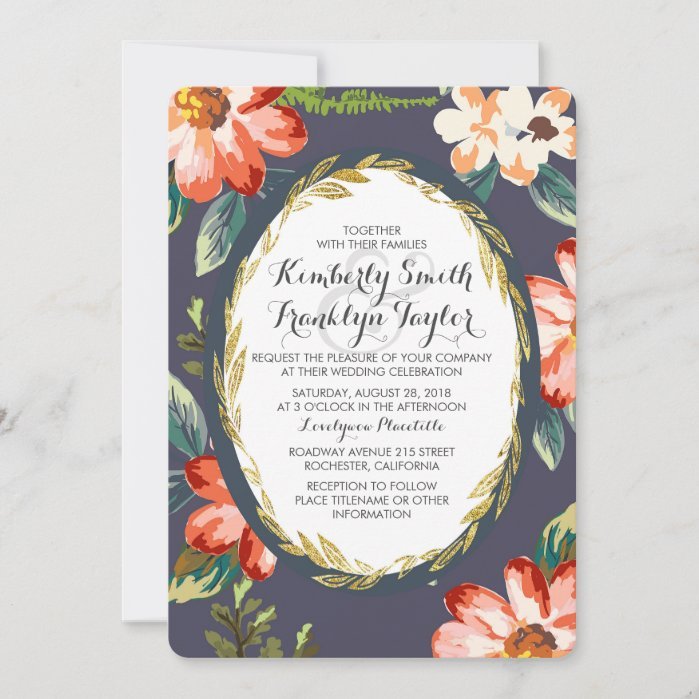 floral navy and gold vintage wedding invitation