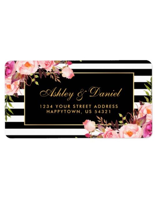 Floral Pink Gold Black Stripes Wedding Label