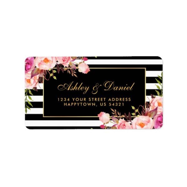 Floral Pink Gold Black Stripes Wedding Label