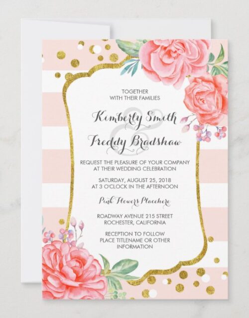 Floral Pink Stripes Gold Confetti Vintage Wedding Invitation